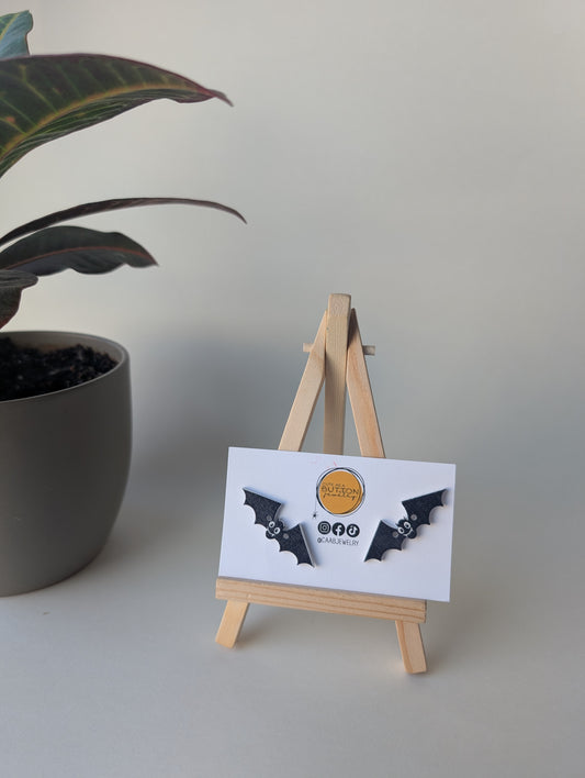 Handmade Wooden Halloween Bat Stud Earrings