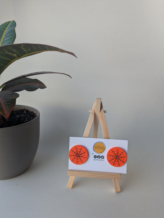 Handmade Wooden Orange Spider Web Stud Earrings