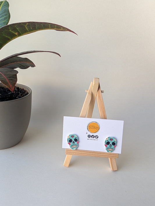 Handmade Wooden Halloween/Dia De Los Muertos Sugar Skull Post Earrings