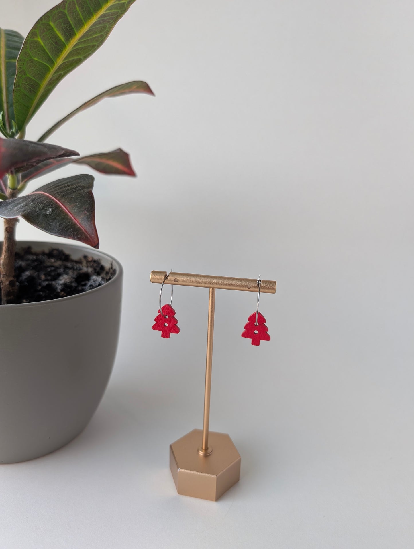 Red Christmas Tree Hoop Earrings in Gold and Silver with Hypoallergenic Stainless Steel Hoops