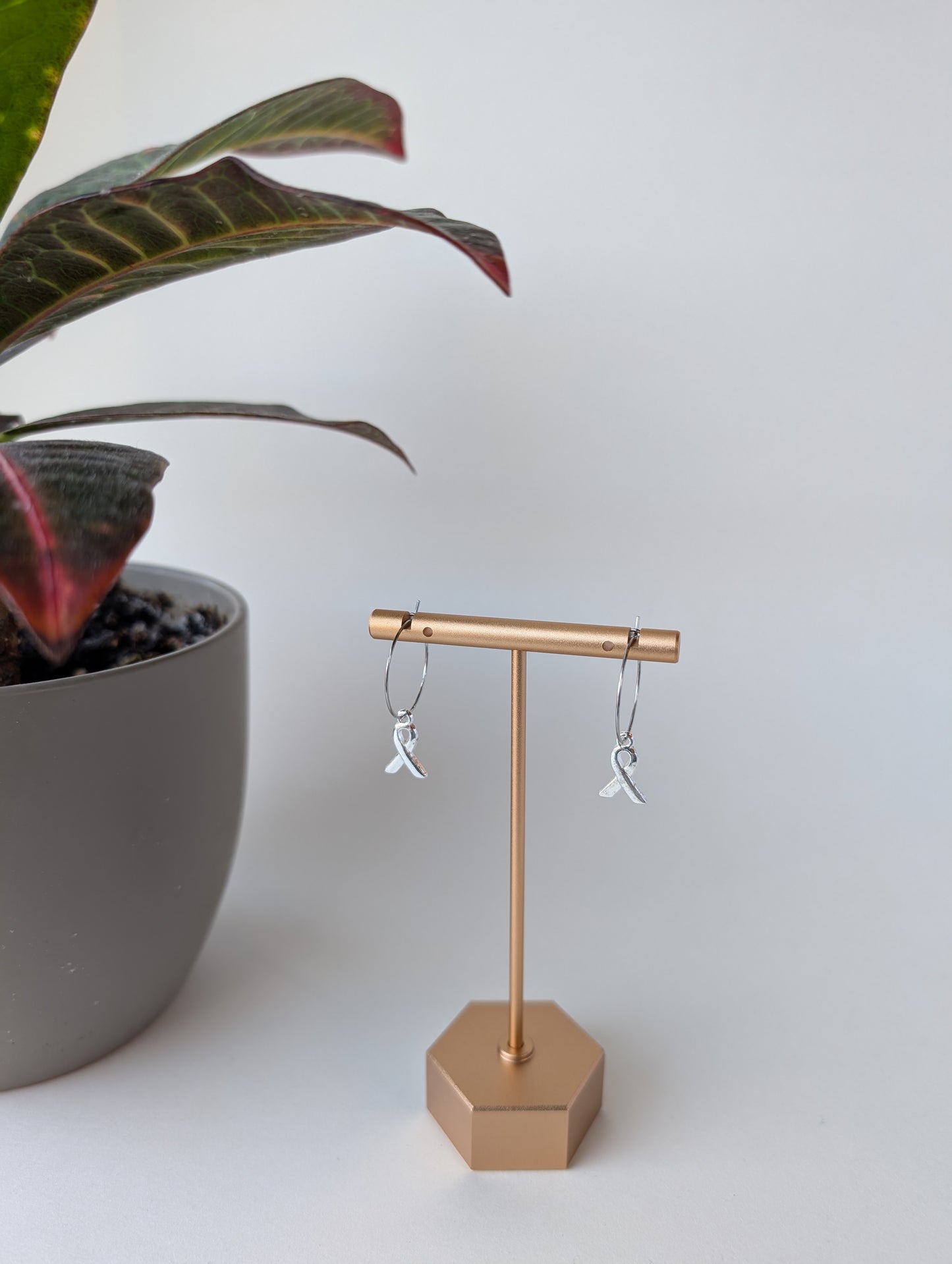 Cancer Awareness Ribbon Hoop Earrings in Gold and Silver with Hypoallergenic Stainless Steel Hoops