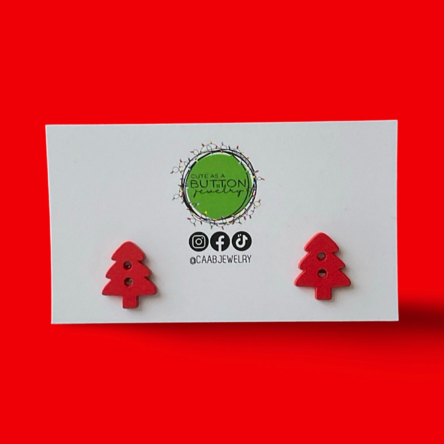 Handmade Wooden Red Christmas Tree Button Stud Earrings with Hypoallergenic Stainless Steel Posts