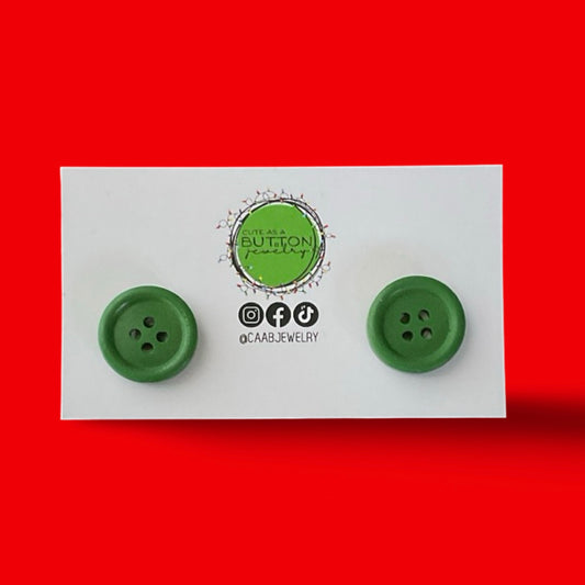 Handmade Green Wooden Button Stud Earrings with Hypoallergenic Stainless Steel Posts