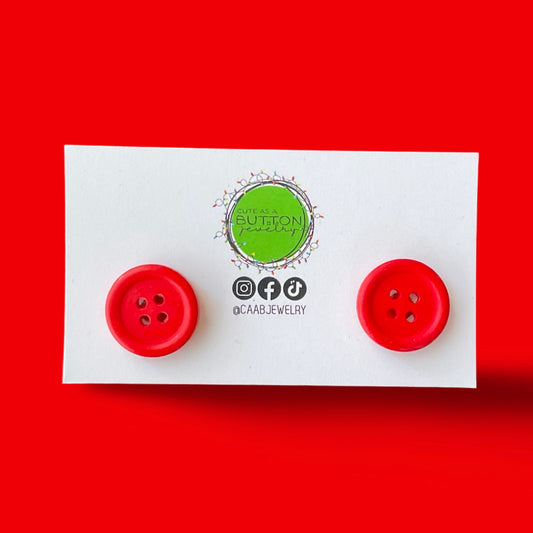 Handmade Red Wooden Button Stud Earrings with Hypoallergenic Stainless Steel Posts