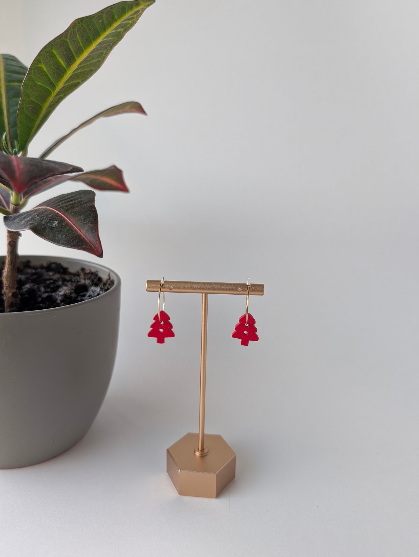 Red Christmas Tree Hoop Earrings in Gold and Silver with Hypoallergenic Stainless Steel Hoops