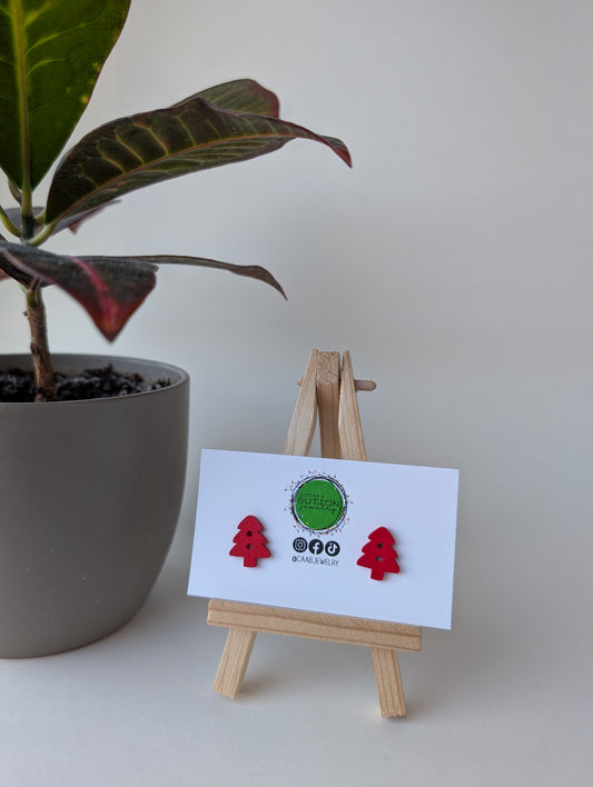 Red Christmas Tree Stud Earrings with Hypoallergenic Posts in Stainless Steel or Titanium
