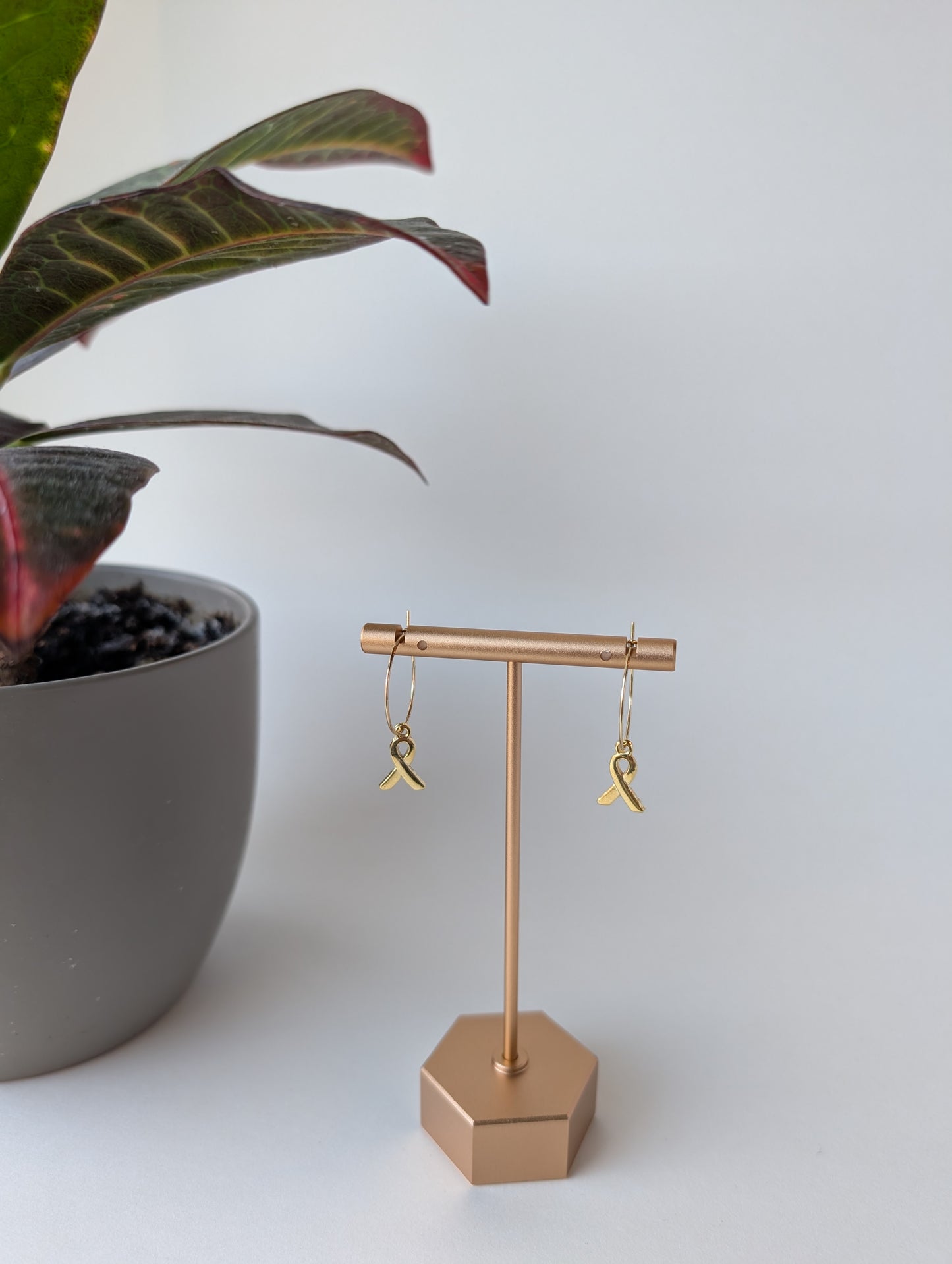 Cancer Awareness Ribbon Hoop Earrings in Gold and Silver with Hypoallergenic Stainless Steel Hoops