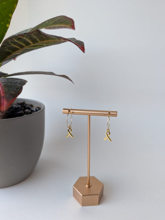 Cancer Awareness Ribbon Hoop Earrings in Gold and Silver with Hypoallergenic Stainless Steel Hoops