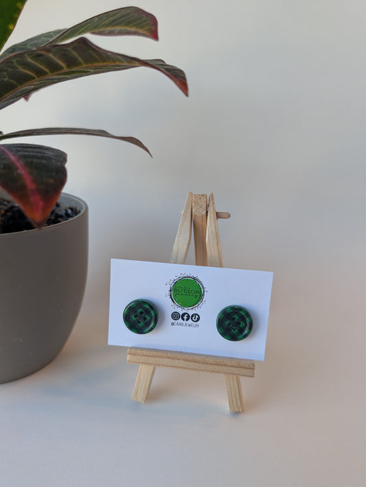 Green and Black Plaid Button Stud Earrings with Hypoallergenic Posts in Stainless Steel or Titanium