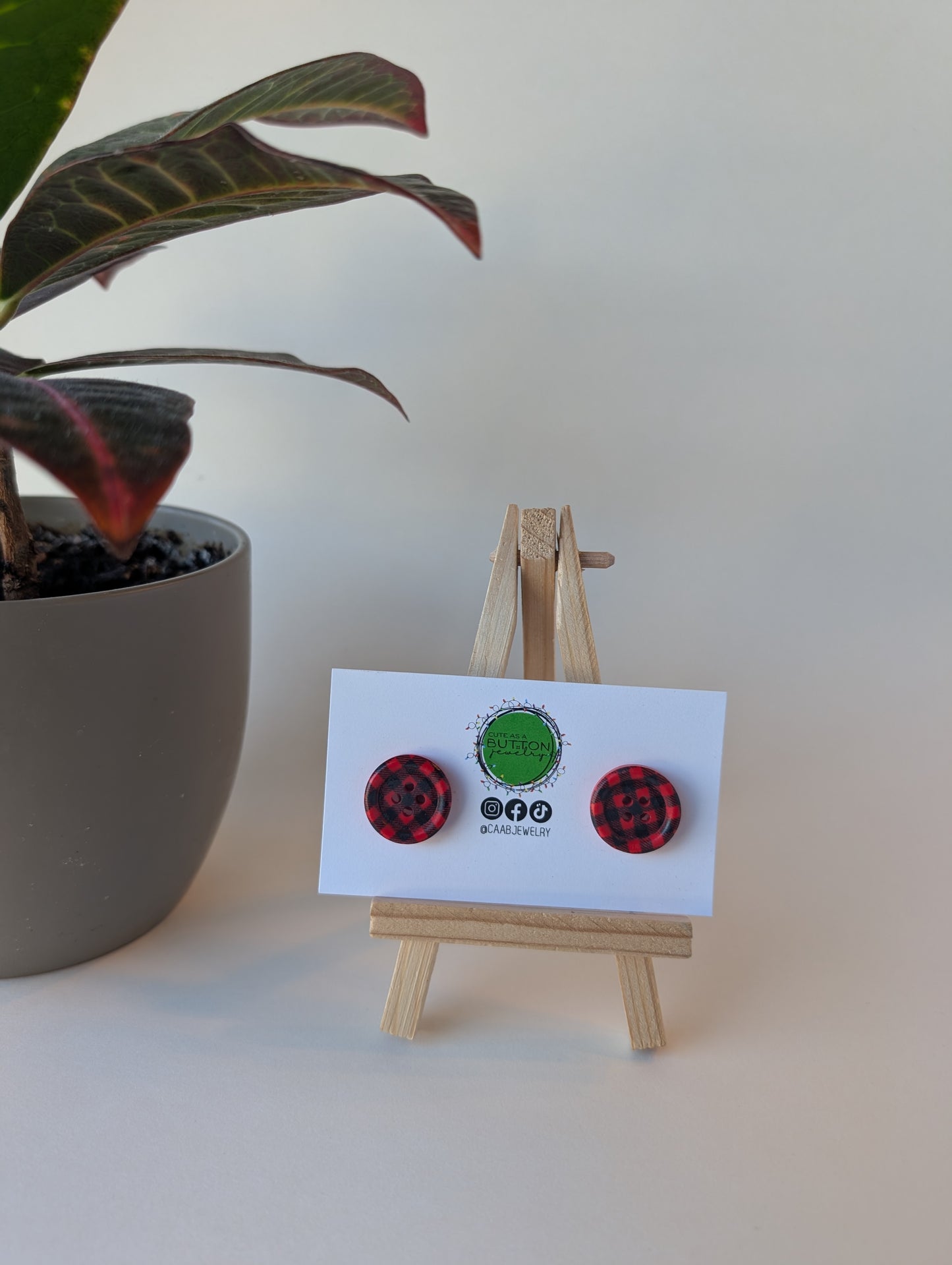 Red and Black Plaid Button Stud Earrings with Hypoallergenic Posts in Stainless Steel or Titanium