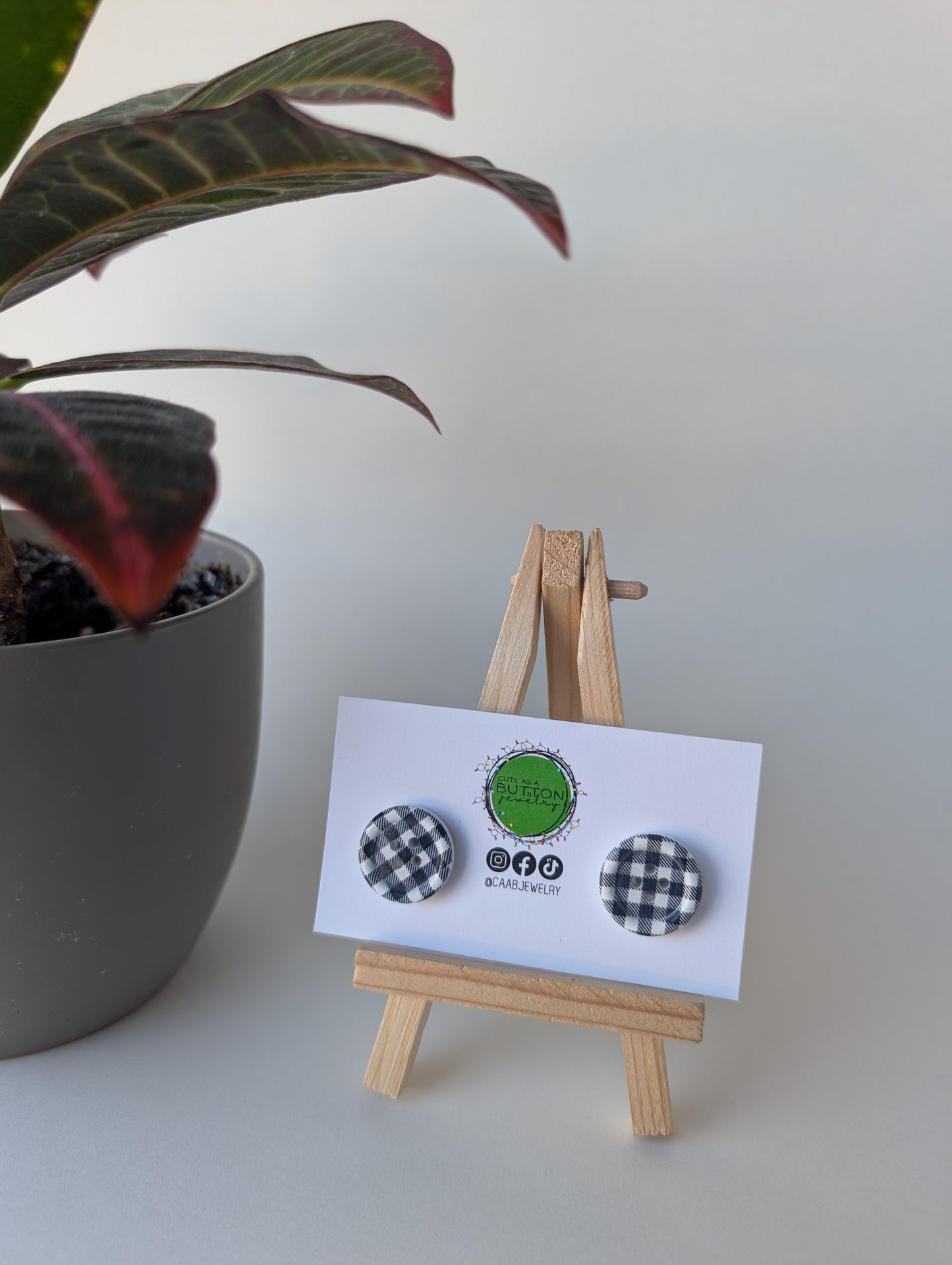 Black and White Plaid Button Stud Earrings with Hypoallergenic Posts in Stainless Steel or Titanium