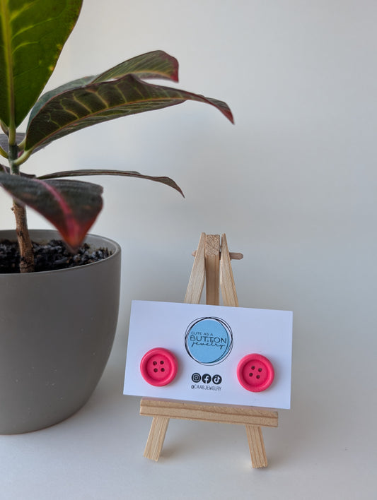 Hot Pink Button Stud Earrings with Hypoallergenic Posts in Stainless Steel or Titanium