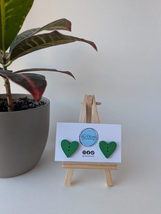 Green Heart Stud Earrings (2 sizes) with Hypoallergenic Posts in Stainless Steel or Titanium