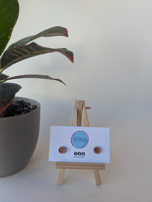 Light Brown Mini Stitch Button Stud Earrings with Hypoallergenic Posts in Stainless Steel or Titanium