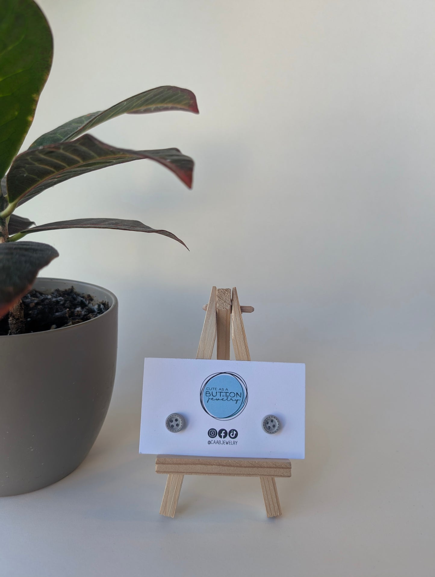 Light Gray Mini Stitch Button Stud Earrings with Hypoallergenic Posts in Stainless Steel or Titanium