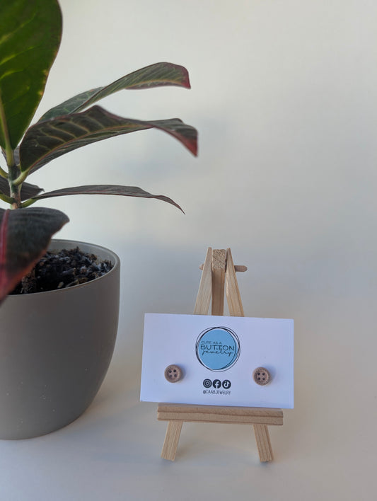 Tan Mini Stitch Button Stud Earrings with Hypoallergenic Posts in Stainless Steel or Titanium