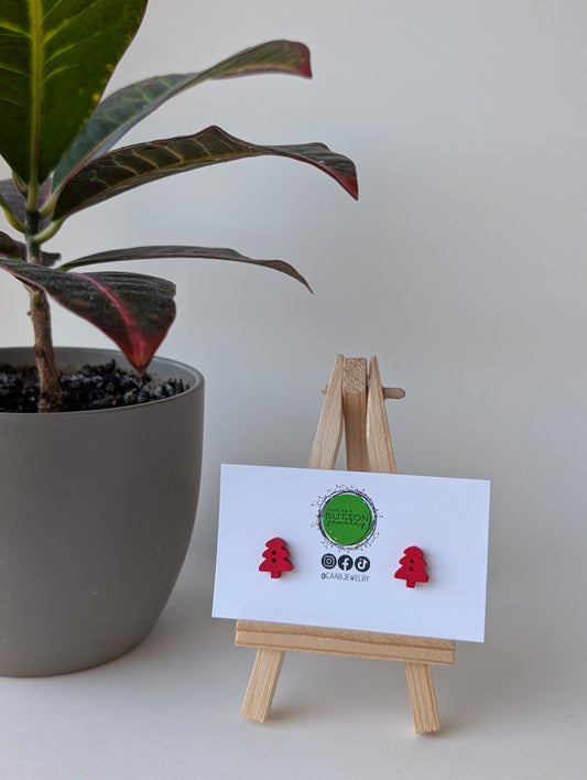 Red Mini Christmas Tree Stud Earrings with Hypoallergenic Posts in Stainless Steel or Titanium