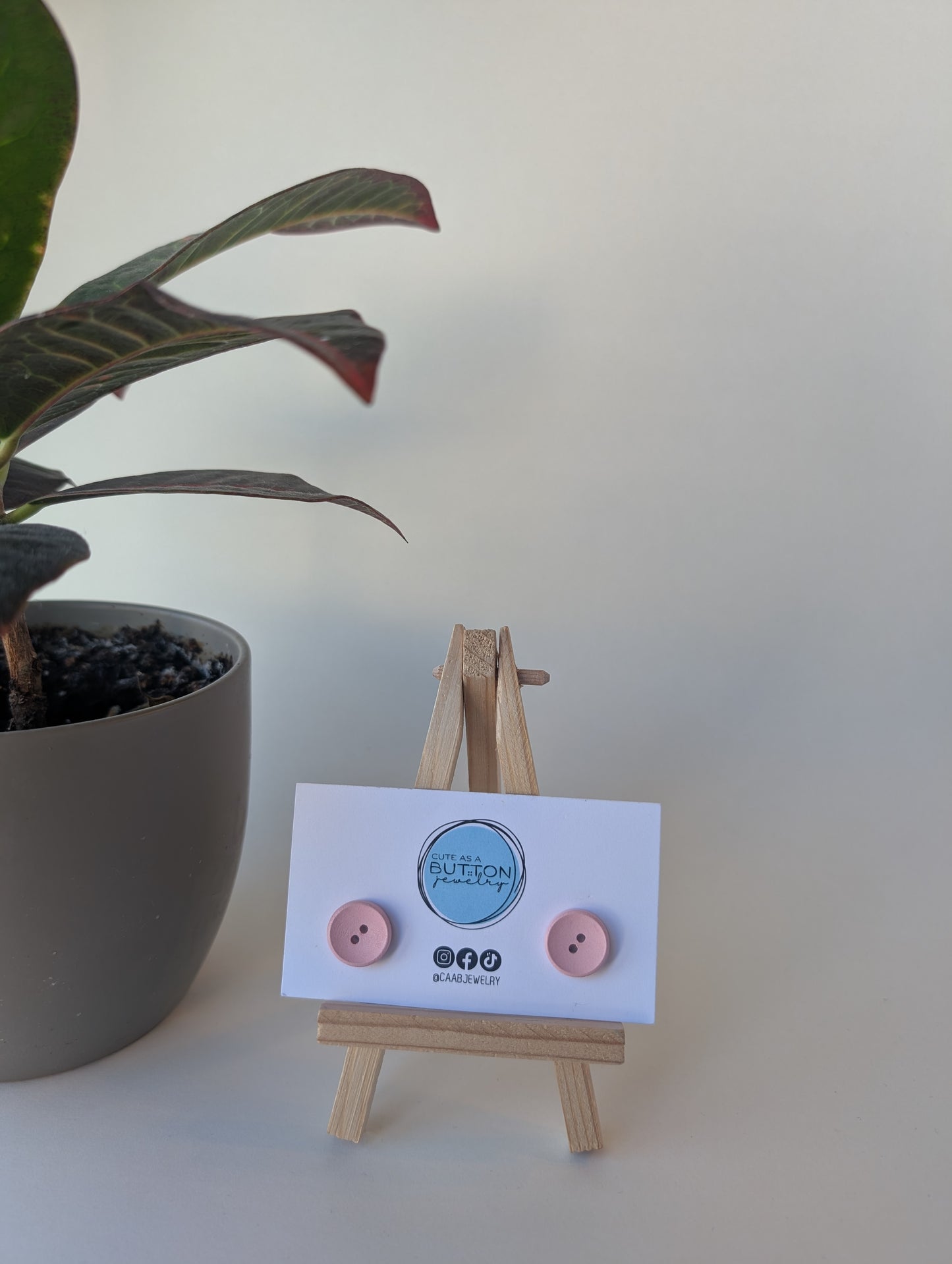 Light Pink Two-Hole Button Stud Earrings with Hypoallergenic Posts in Stainless Steel or Titanium