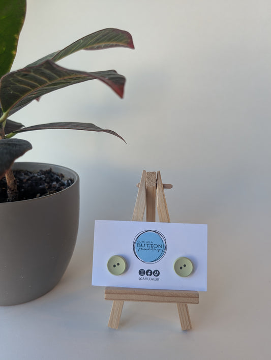 Muted Green Two-Hole Button Stud Earrings with Hypoallergenic Posts in Stainless Steel or Titanium